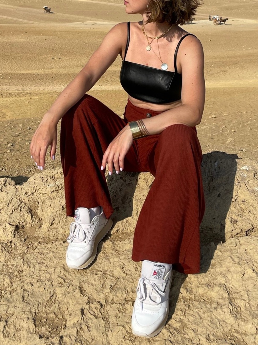 Stradivarius Rust Ribbed Wide Leg Pants Size S